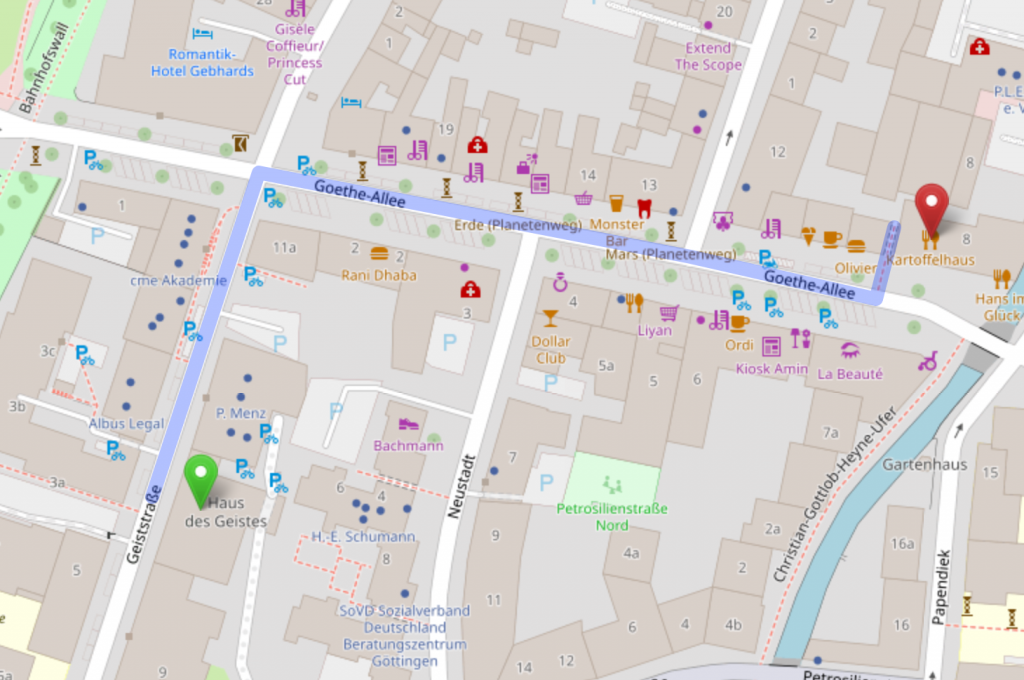 Route from Meeting at Academy of Sciences to Dinner location Kartoffelhaus, Goetheallee 8.