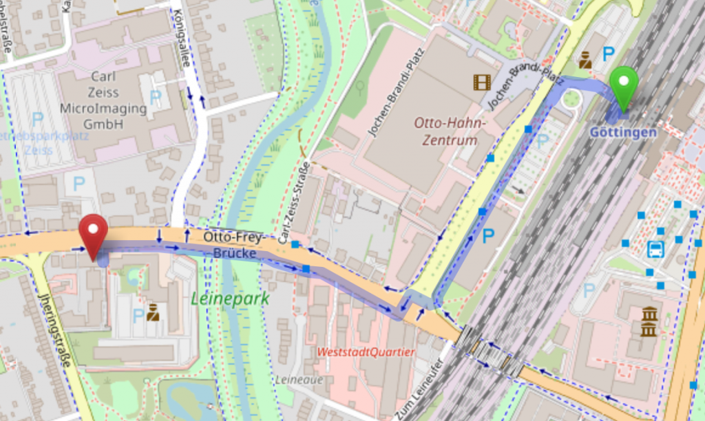 Route from Göttingen Train Station to Leine Hotel at Groner Landstraße 55. The distance is less than 1 km.